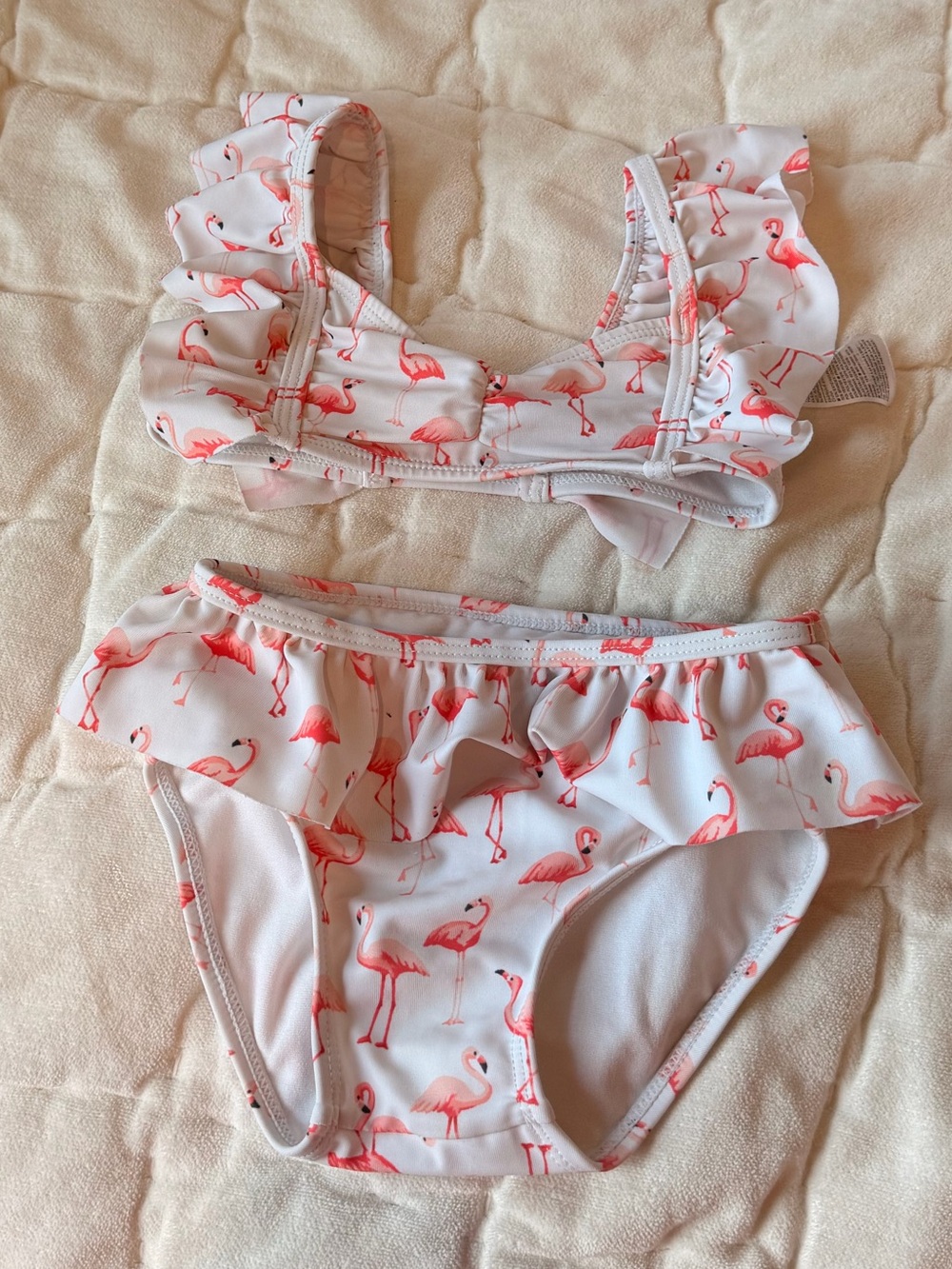 Janie and Jack White Bikini with Pink Flamingo Ruffle Accents
